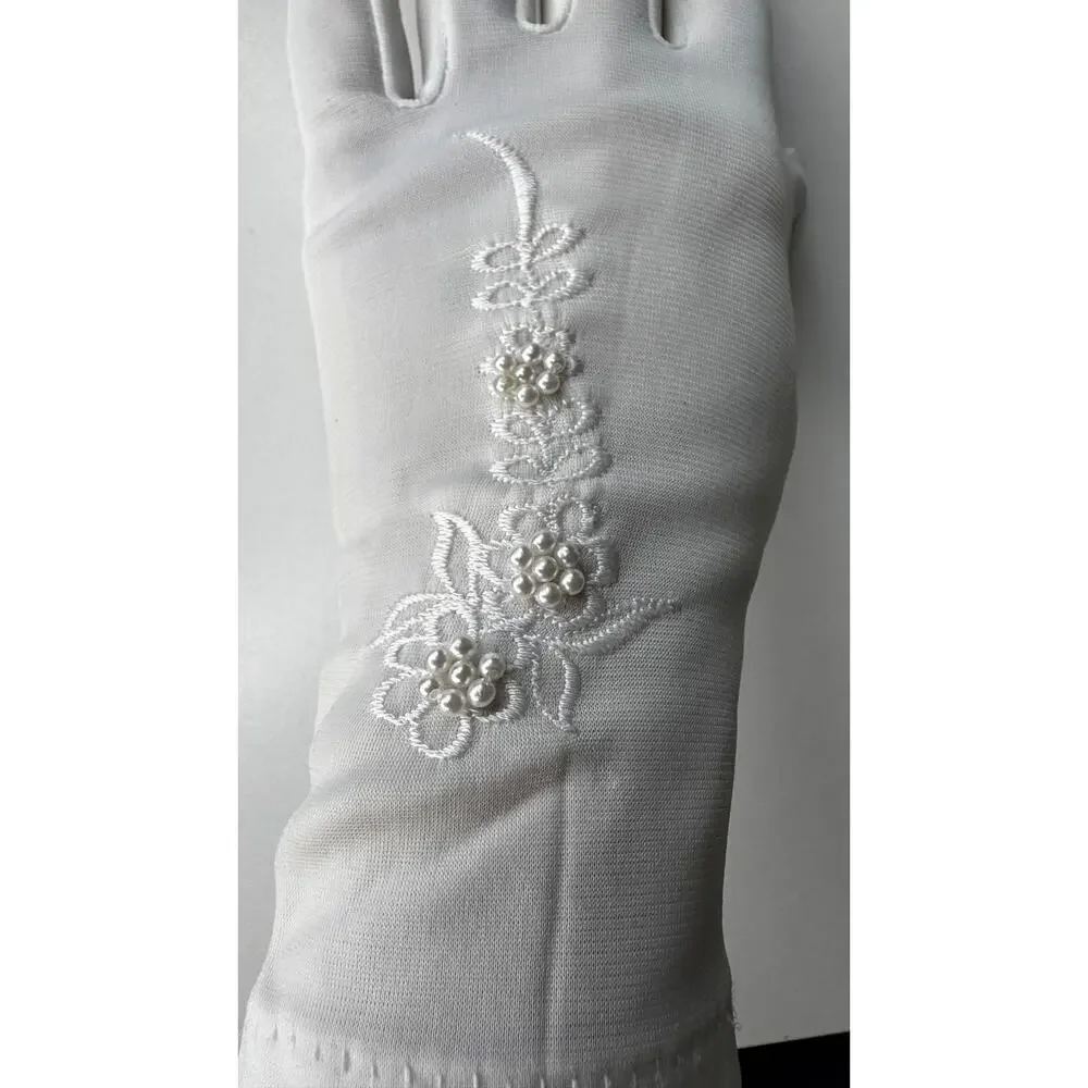 Vintage 1980s White/Ivory Unbranded Satin Beaded Floral Gloves XS S